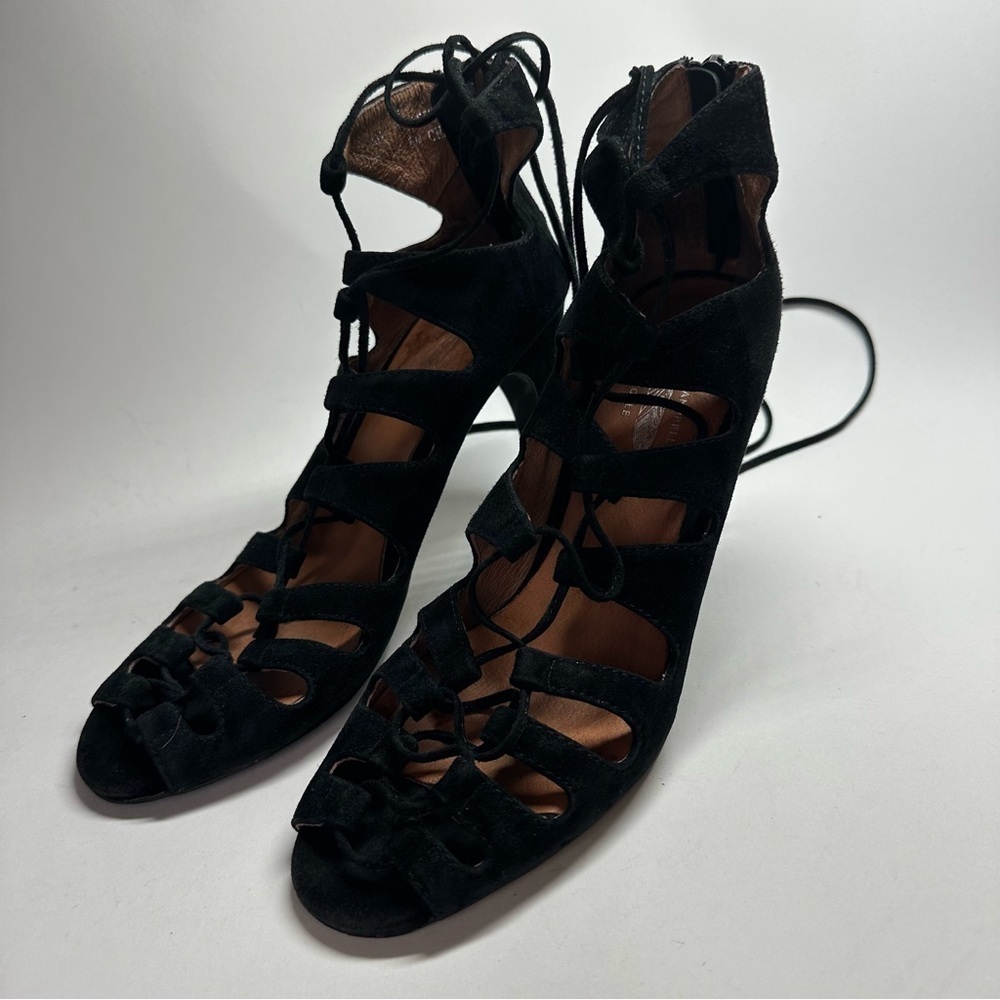 Jeffrey Campbell Free People Satine Black Suede Lace-Up Heels Sandal 6.5 Strappy - Picture 2 of 13